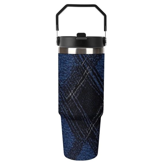 Large Capacity Car Cup 30oz Vacuum Insulation Double Layer Hot Proof Super Capacity Portable Placement Without Water Leakage Argyle Plaid MidnightBlue_3 Black-style
