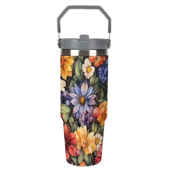 Large Capacity Car Cup 30oz Vacuum Insulation Double Layer Hot Proof Super Capacity Portable Placement Without Water Leakage Groovy Flowers (2) White-style
