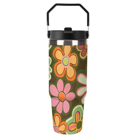 Large Capacity Car Cup 30oz Vacuum Insulation Double Layer Hot Proof Super Capacity Portable Placement Without Water Leakage Groovy Flowers (23) Black-style