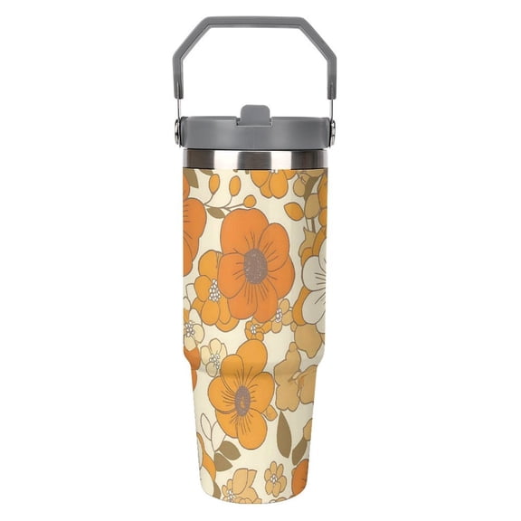 Large Capacity Car Cup 30oz Vacuum Insulation Double Layer Hot Proof Super Capacity Portable Placement Without Water Leakage Groovy Flowers (7) White-style