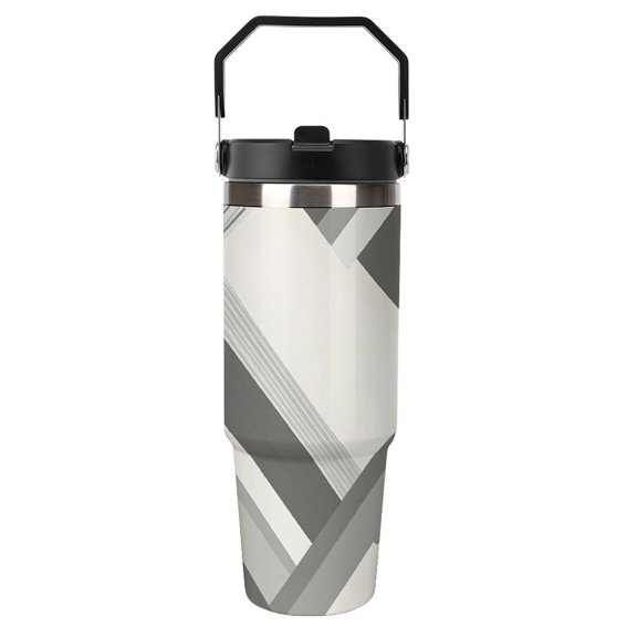 Large Capacity Car Cup 30oz Vacuum Insulation Double Layer Hot Proof Super Capacity Portable Placement Without Water Leakage LightSlateGray Geometric Lines_3 Black-style