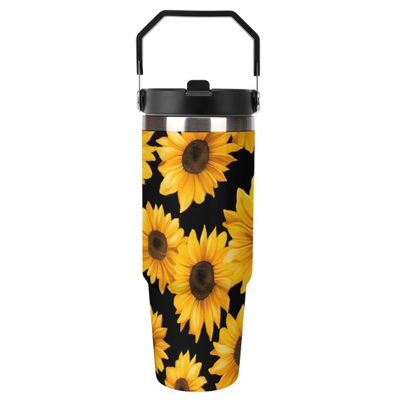 Large Capacity Car Cup 30oz Vacuum Insulation Double Layer Hot Proof Super Capacity Portable Placement Without Water Leakage Yellow Sunflowers Black-style