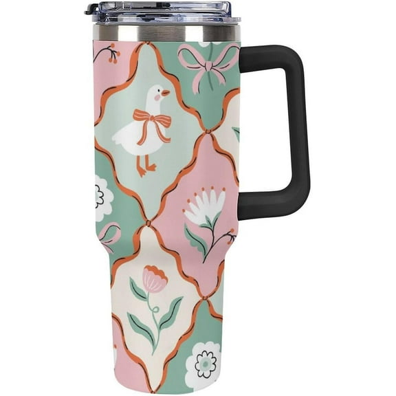 Large Capacity Car Cup 40 Oz Bow Flower White Goose Stainless Steel Travel Tumbler Coffee Mug Vintage Floral Cute Insulated Bottles Tumbler with Lid And Straw Leak-Proof