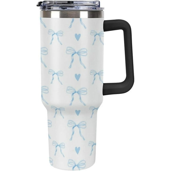 Large Capacity Car Cup 40 Oz Ribbon Bow Heart Blue Stainless Steel Travel Tumbler Coffee Mug Insulated Bottles Tumbler with Lid And Straw Leak-Proof