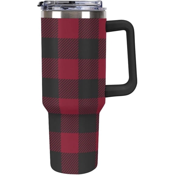 Large Capacity Car Cup 40 Oz Rustic Buffalo Check Stainless Steel Travel Tumbler Coffee Mug Black Red Tartan Plaid Insulated Bottles Tumbler with Lid And Straw Leak-Proof