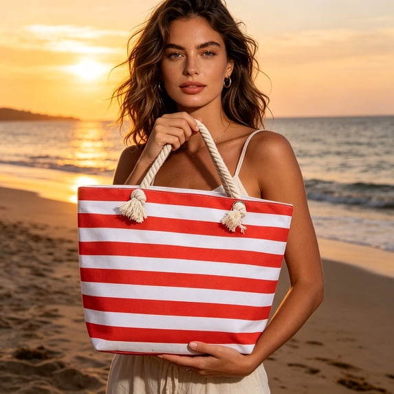 Large Capacity Casual Shoulder Bag, Thickened Canvas Design, Washable Striped Handbag and Reusable Travel Purse Organizer