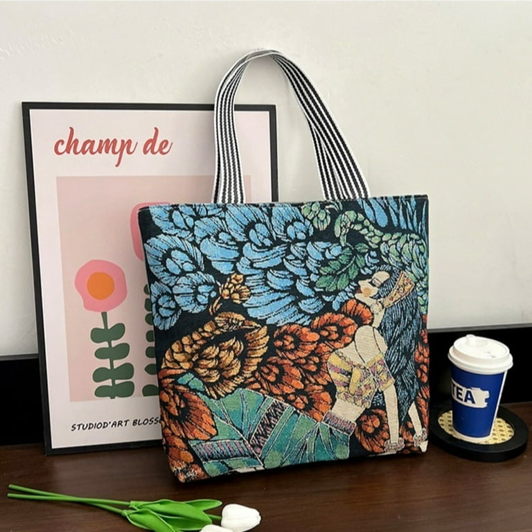 Linrong Large Capacity Casual Storage Bag Square Shape Canvas Retro Handbags Handbags Paintings Shoulder Bag Tote Bag C Women s