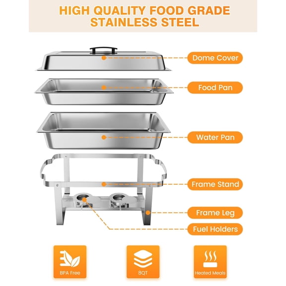 Large Capacity Catering – 6-Pack 8QT Rectangular Stainless Steel Chafing Dish Buffet Set – Complete with Water Pan, Lid & Fuel Holders – Portable Food Warmers, Six-Piece Set