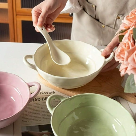 Large Capacity Ceramic Bowl with Double Ear Anti-Scalding Design - Stylish Household Salad Bowl for Daily Use