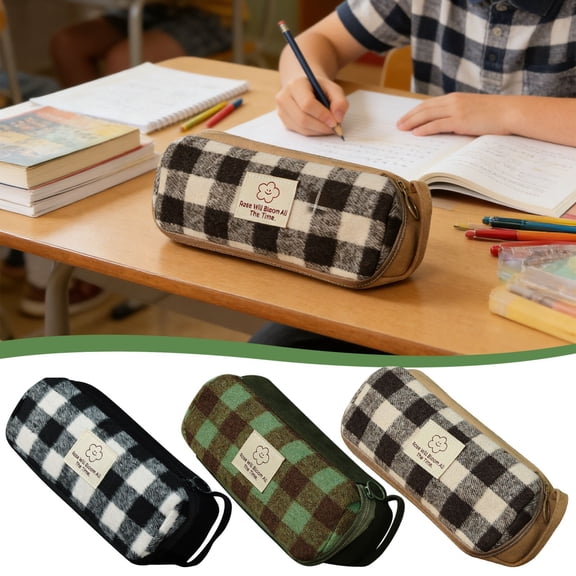 Large Capacity Check Block Pencil Case,Vintage Coffee Aesthetic Gingham Pencil Pouch,Soft Portable Pencil Bag Trendy Stationery Organizer For Office College Campus