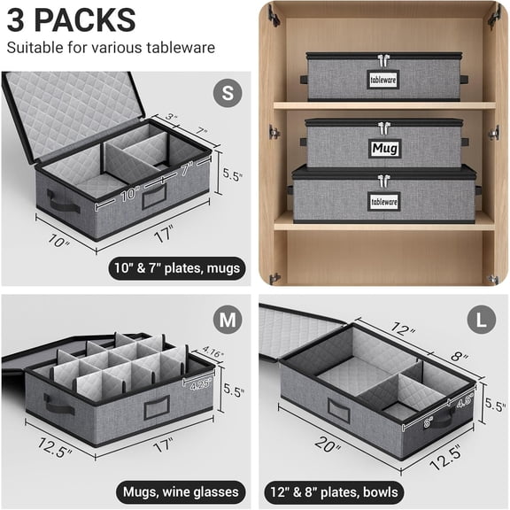 Large Capacity China Storage Containers Hard Shell Plate Storage Boxes for Dishes Dinnerware Mugs Grey 3 Piece Set