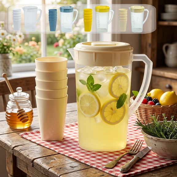 Large Capacity Clear Cold Brew Carafe Set with 5 Cups, Leakproof Glass Coffee Drip Pot with Filter, Household Fruit Tea Juice Beverage Dispenser for Home Dining Party, Beige