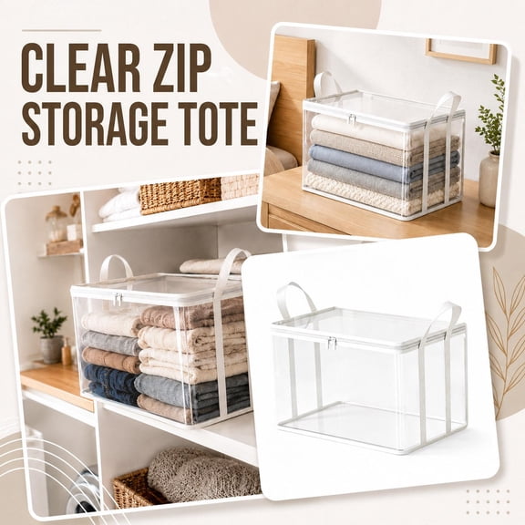 Large Capacity Clear Storage Tote, Plastic Storage Bin, Storage for Closet, Organization and Storage Bedroom, Storage for Dorm, White Thick Transparent Organizer Box with Zipper