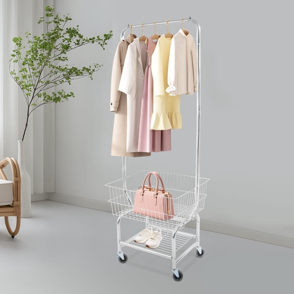 Large Capacity Clothes Cart Rolling Laundry Cart with Hanging Rod for Families, Living Rooms, Bedrooms, Study Room