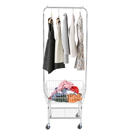 Large Capacity Clothes Cart, Rounded Edges Rolling Laundry Cart, Openwork Mesh Laundry Cart with Hanging Rod Families, Living rooms, Bedrooms