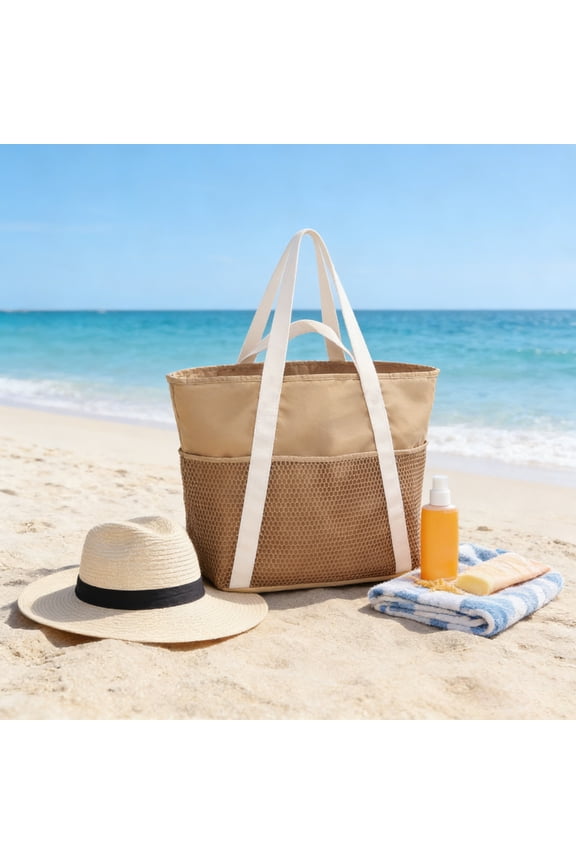 Large Capacity Color Block Mesh Beach Tote Bag, Multi-Compartment Shoulder Bag for Travel Shopping Picni