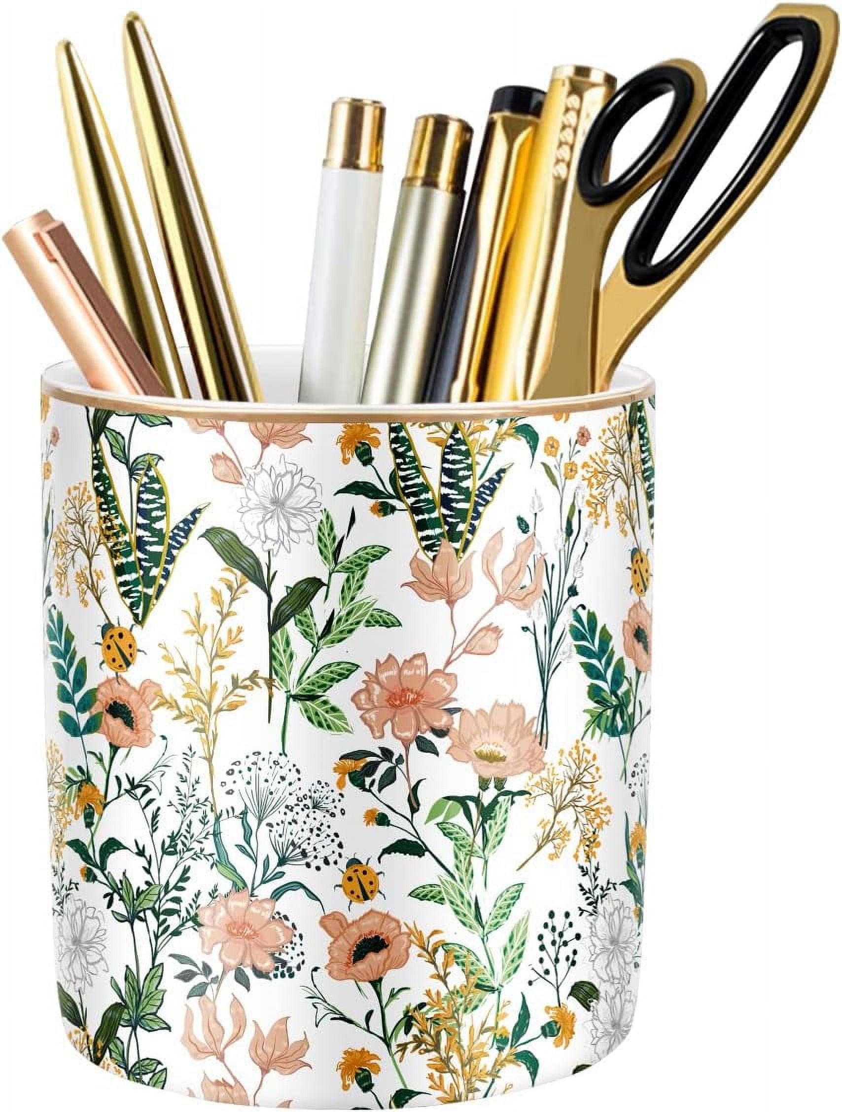 Large Capacity Colored Pen Holder for Desk, Ceramic Pencil Cup Marker Makeup Brush Holders, Desk Accessories & Workspace Organizers Home, Office, White Flower