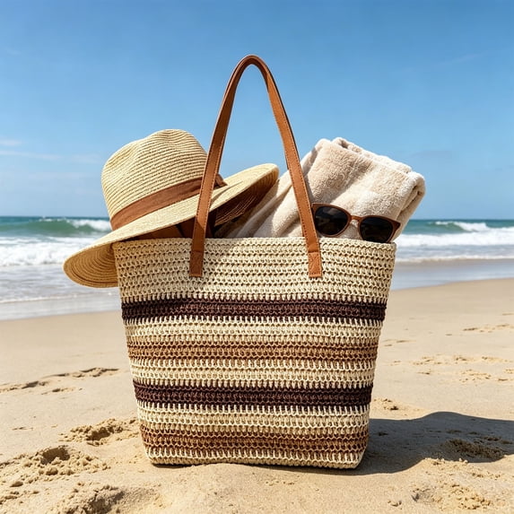Large Capacity Colorful Striped Straw Tote Bag, Casual Woven Shoulder Handbag For Beach Travel Daily Shopping