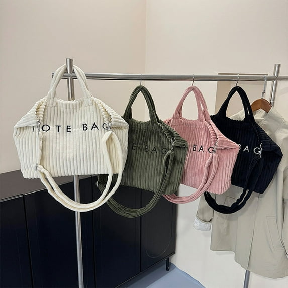 Large Capacity Corduroy Tote Bag | Lightweight Casual Shoulder Purse | Canvas Material | Adjustable Strap | Black, White, Pink, Green | 16.9"x12.2"x4.3" | Multipocket Travel Organizer