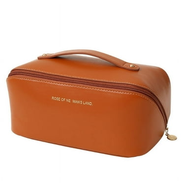 Large Capacity Cosmetic Bags for Women,Waterproof Portable Pouch Open Flat Toiletry Bag Make up Organizer with Divider and Handle-Orange