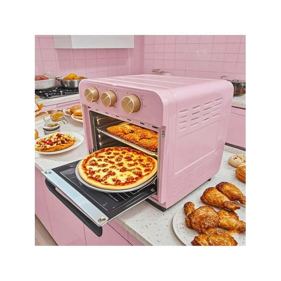 Large Capacity Countertop Oven with Air Frying Function, Toaster, Broiler, and Baking Capabilities for Healthy Cooking, Featuring Stainless Steel Finish and Visible Window in Pink Color