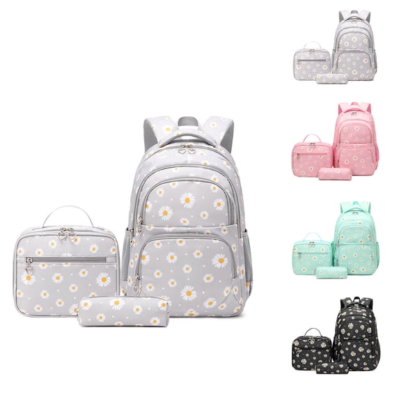 Large Capacity Daisy Print School Backpack For Boys, Light Bright Tone Comfort Carry Bag For Girls Daily Class & Short City Outings (Pink-3pcs)