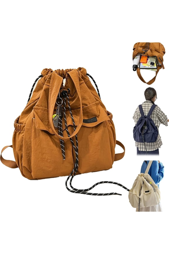 Large-Capacity Drawstring Convertible Tote Backpack,Lightweight Nylon Multi-Compartment with Anti-Theft Pocket,Solid-Color Shoulder Bag for Work Travel Shopping (Caramel)