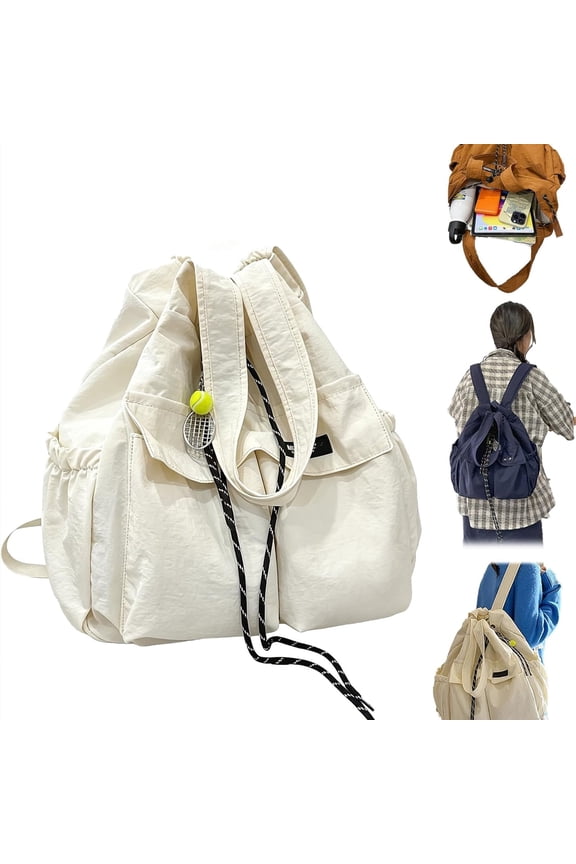 Large-Capacity Drawstring Convertible Tote Backpack,Lightweight Nylon Multi-Compartment with Anti-Theft Pocket,Solid-Color Shoulder Bag for Work Travel Shopping (Beige)