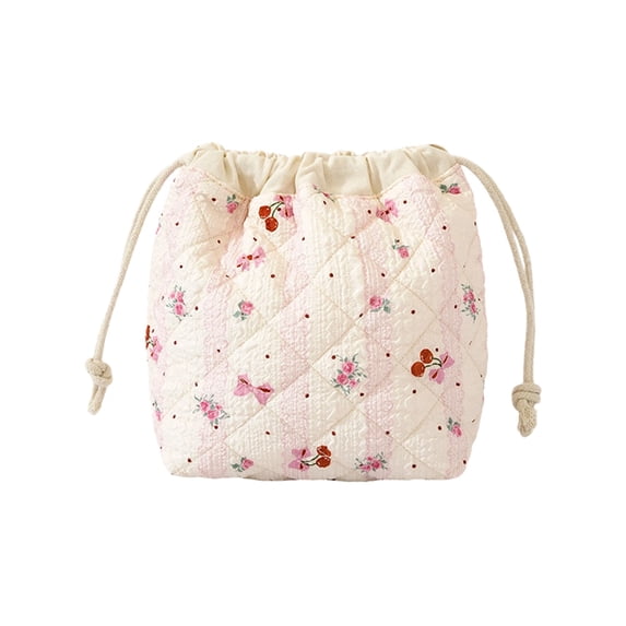 Large Capacity Drawstring Cosmetic Bag, Pink Bow Print Quilted Lazy Makeup Pouch, Lightweight Travel Toiletry Storage Bag