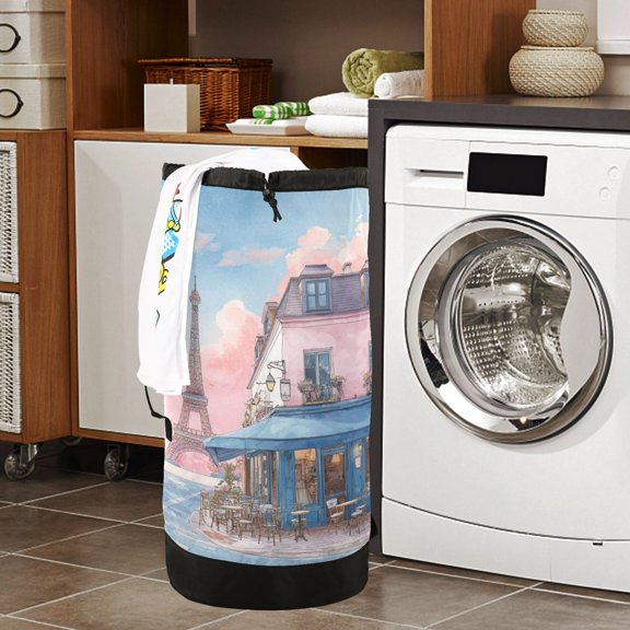 Large Capacity Drawstring Laundry Backpack Portable Dirty Clothes Hamper A Charming Parisian Café