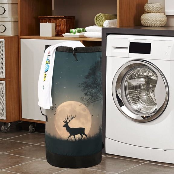 Large Capacity Drawstring Laundry Backpack Portable Dirty Clothes Hamper A Deer Is Walking