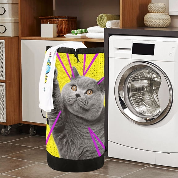 Large Capacity Drawstring Laundry Backpack Portable Dirty Clothes Hamper A Gray British Shorthair Cat