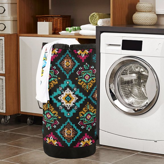 Large Capacity Drawstring Laundry Backpack Portable Dirty Clothes Hamper Aztec-inspired Pattern