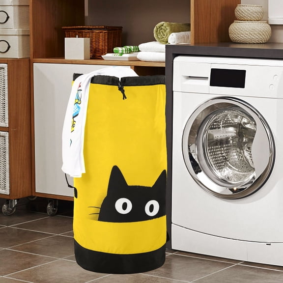 Large Capacity Drawstring Laundry Backpack Portable Dirty Clothes Hamper Black Cat