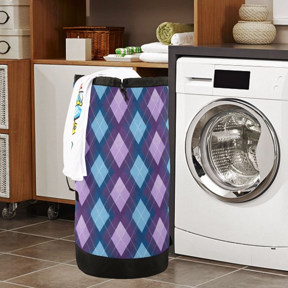 Large Capacity Drawstring Laundry Backpack Portable Dirty Clothes Hamper Blue and Purple Argyle