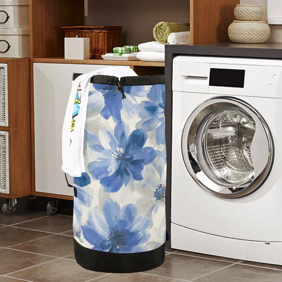 Large Capacity Drawstring Laundry Backpack Portable Dirty Clothes Hamper Blue and White Floral Pattern