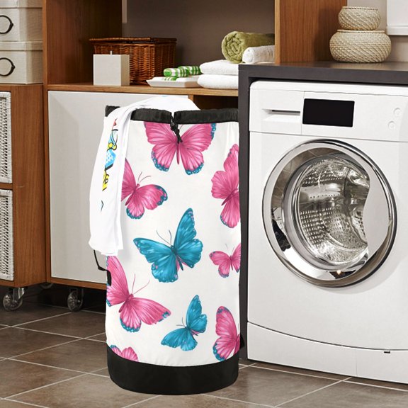 Large Capacity Drawstring Laundry Backpack Portable Dirty Clothes Hamper Butterflies Pattern