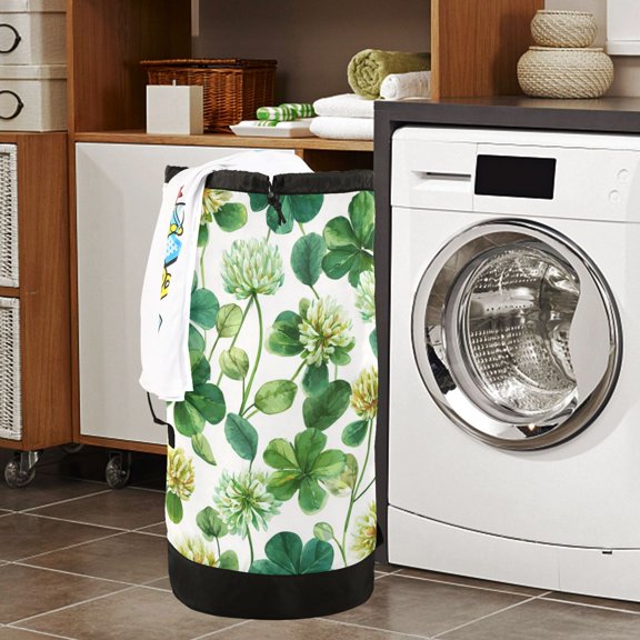 Large Capacity Drawstring Laundry Backpack Portable Dirty Clothes Hamper Clover Flowers