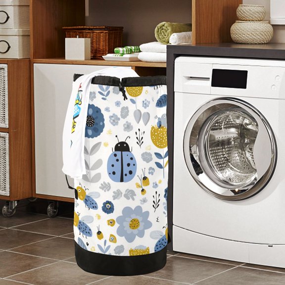 Large Capacity Drawstring Laundry Backpack Portable Dirty Clothes Hamper Cute Flowers Ladybugs