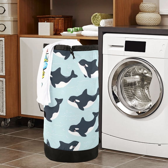 Large Capacity Drawstring Laundry Backpack Portable Dirty Clothes Hamper Cutie Orcas Vectro Pattern