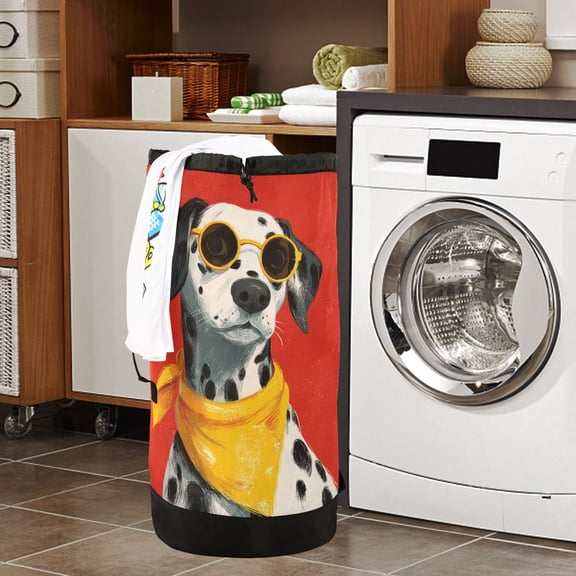 Large Capacity Drawstring Laundry Backpack Portable Dirty Clothes Hamper Dalmatian Dog in Red Background