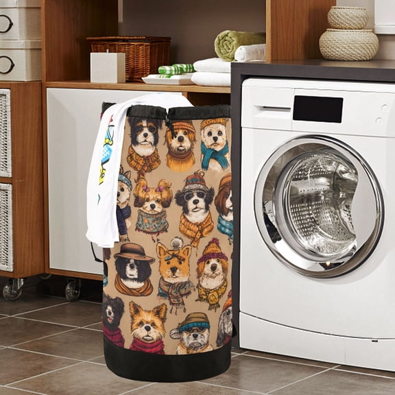 Large Capacity Drawstring Laundry Backpack Portable Dirty Clothes Hamper Dogs Pattern