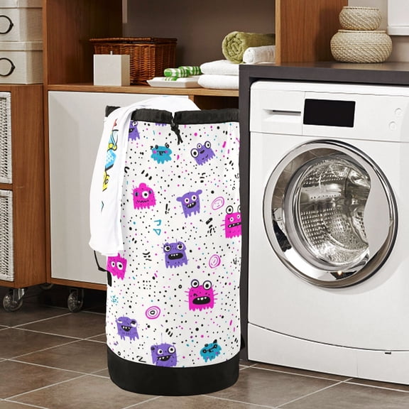 Large Capacity Drawstring Laundry Backpack Portable Dirty Clothes Hamper Doodle Characters