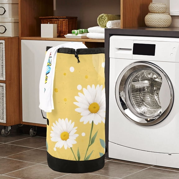 Large Capacity Drawstring Laundry Backpack Portable Dirty Clothes Hamper Flowers Yellow Dots