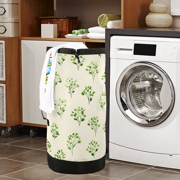 Large Capacity Drawstring Laundry Backpack Portable Dirty Clothes Hamper Green Flowers