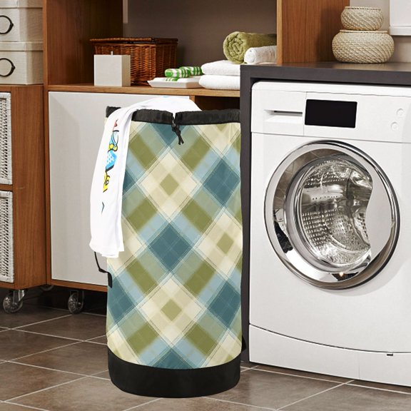 Large Capacity Drawstring Laundry Backpack Portable Dirty Clothes Hamper Green&beige Tartan Pattern