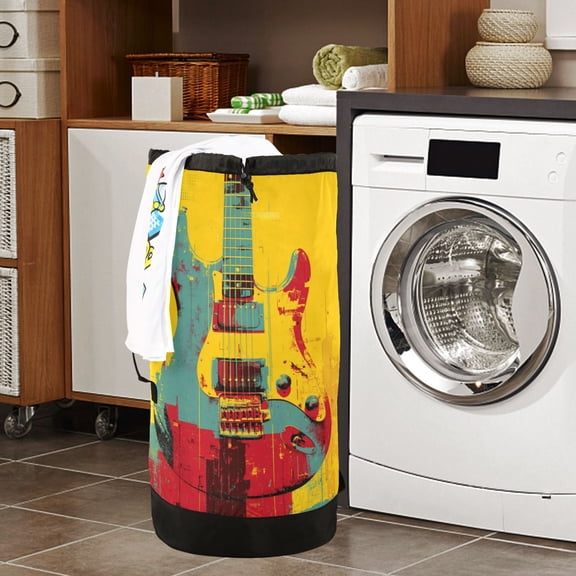 Large Capacity Drawstring Laundry Backpack Portable Dirty Clothes Hamper Guitar Music Designs