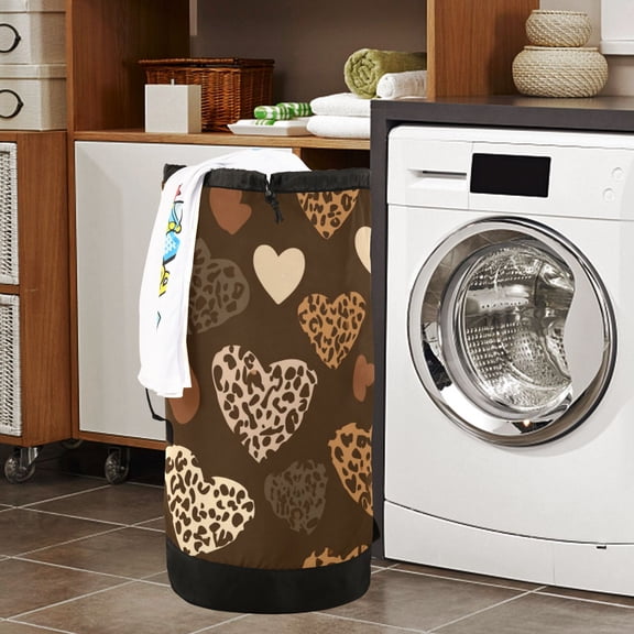 Large Capacity Drawstring Laundry Backpack Portable Dirty Clothes Hamper Leopard Print Pattern with Hearts