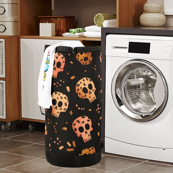 Large Capacity Drawstring Laundry Backpack Portable Dirty Clothes Hamper Leopard Skulls
