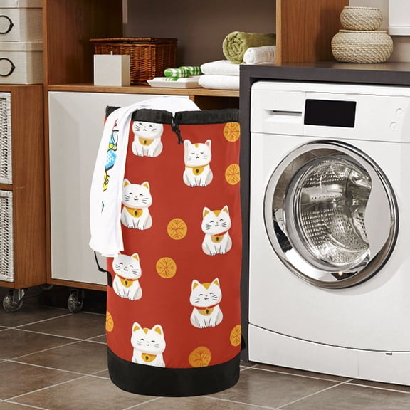Large Capacity Drawstring Laundry Backpack Portable Dirty Clothes Hamper Lucky Cats